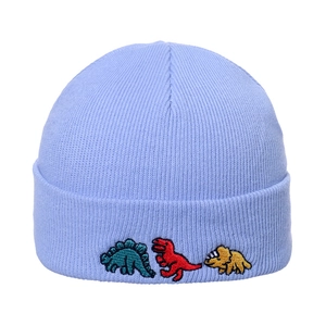 Close-up of soft purple knit beanie with colorful cartoon dinosaur embroidery detail