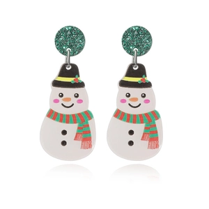 Christmas snowman earrings with green glitter studs and festive striped scarves