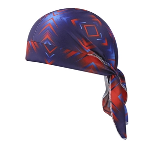 Detail view of the breathable polyester fabric with blue and red geometric patterns