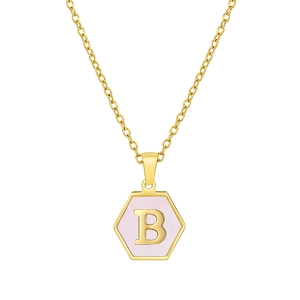 Detailed view of hexagonal gold pendant with pink enamel and letter B on a slim chain