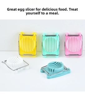 Close-up of manual plastic egg slicer set with stainless steel wires in various colors