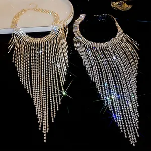 Dramatic long rhinestone tassel necklaces in gold and silver luxury statement style