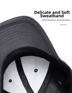 Detailed close-up of charcoal baseball cap with cotton sweatband and premium stitching