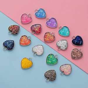 Colorful 13mm heart pendants with glitter resin and silver metal frames for DIY jewelry