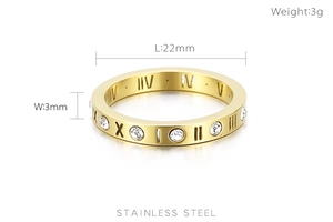 Detail view of 18k rose gold plated ring with roman numerals and cubic zirconia
