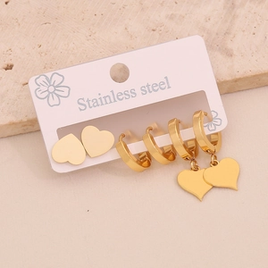 Three-pair gold stainless steel earrings set with heart studs and dangling charms