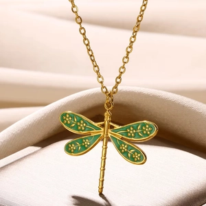 Collier Pendentif En Acier Inoxydable Vintage Libellule Papillon Cerise Fleur Animal Fruit Émail Bijoux Pour Femmes