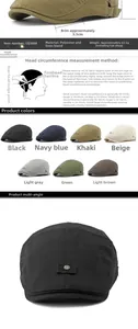 Size guide and material details for linen blend flat cap with adjustable strap design