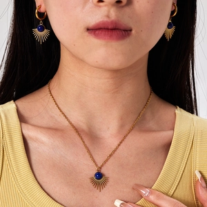 Vintage Stainless Steel Sunflower Pendant Necklace Earrings Jewelry Set Gold Plated Radial Design Retro Women Accessories