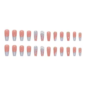 Pink and grey French ballet press-on nails with 3D bows and rhinestone star accents