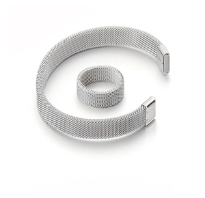 Macro view of minimalist silver mesh stainless steel bracelet and matching ring set