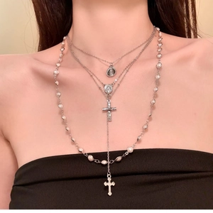 Mehrlagige Halskette Mit Kreuzanhänger Und Imitationsperle Legierung Religiöse Jungfrau Maria Medaille Vintage Schmuck Damen