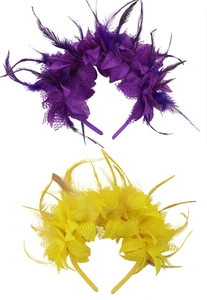 Detailed close-up of purple and yellow carnival feather headbands with soft mesh texture
