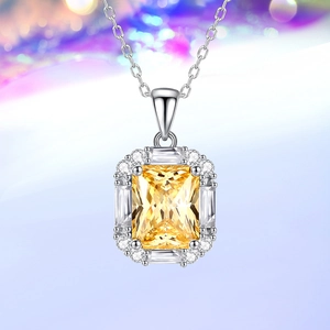 Elegant S925 silver necklace featuring a yellow rectangle crystal and zircon halo
