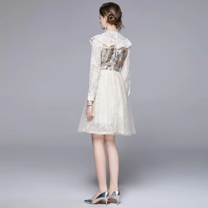 French retro jacquard lace mini dress in off-white with long sleeves and mesh detail