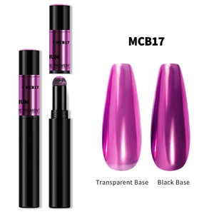 Detail showing metallic purple mirror nail powder pen effects on black and clear bases