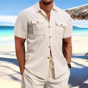 Men's summer beige waffle knit short sleeve shirt and shorts set with chest pockets