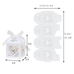 Laser cut white heart wedding favor box with dimensions of 5x5x8cm and ribbon detail