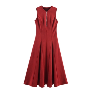 Women Maxi Dress Faux Suede Sleeveless Front Zipper High Waist Pleated A-Line Solid Wine Red Elegant