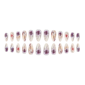 Almond fake nails with vintage watercolor floral patterns and gold foil on beige base