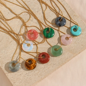 Elegant natural malachite and agate round stone pendants on gold snake chains