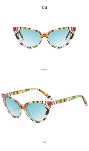 Front and side view of cat eye sunglasses with American flag pattern and blue gradient lenses