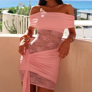 Detail of pink lace patchwork and ruched design on an off-shoulder bodycon mini dress