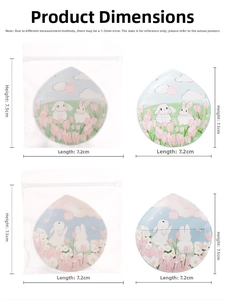 Detailed dimension chart showing 7.5cm x 7.2cm teardrop makeup sponges in packaging