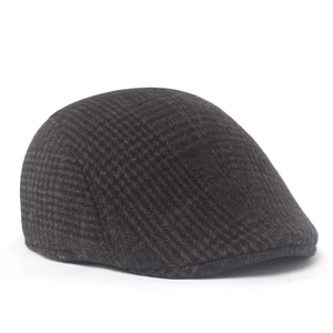 Classic dark grey plaid wool newsboy cap for men featuring a warm insulated interior