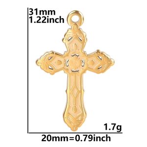 Detail view of golden stainless steel cross pendant with 31mm height and 20mm width dimensions