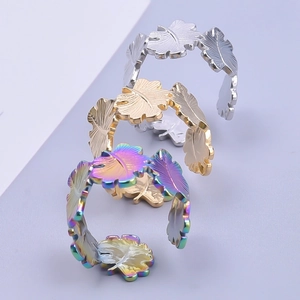 Leaf design stainless steel open rings in silver, gold, and rainbow metallic finishes