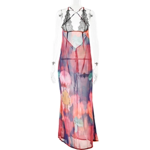 Sexy rückenfreies Maxikleid aus Mesh mit Blumendruck und schwarzer Spitzenverzierung