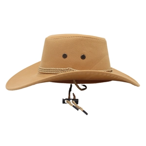 Detail of camel western cowboy hat featuring woven band, side vents and adjustable chin strap