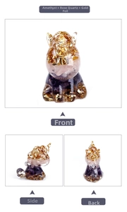 Three-view display of handmade resin unicorn with amethyst crystals and gold foil