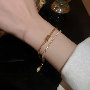Double-layer gold plated bracelet with geometric square pendant and zircon stones