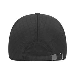 Rear view of men's black quilted baseball cap with ear protection for winter