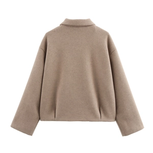 Vue arrière veste en tweed marron café avec ourlet plissé et coupe oversize élégante
