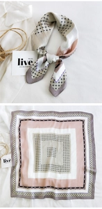 Detail of square silk scarf with multi-color geometric patchwork and satin sheen
