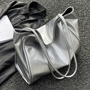 Grand Sac Fourre-Tout Porté Épaule En Cuir PU Texture Plissée Fermoir Magnétique Polyvalent Décontracté Navette Mode Femmes