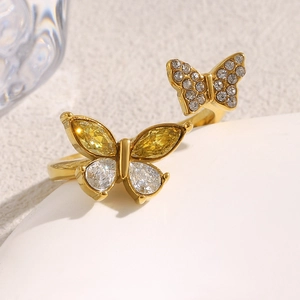 Exquisite 18K gold plated double butterfly open ring with sparkling crystal stones