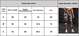 Detailed size chart for floral high-waist yoga pants featuring S-L measurements in cm