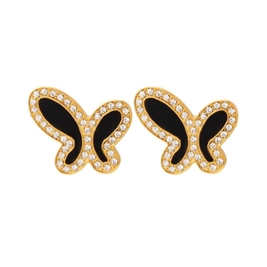 Boucles d'oreilles papillon dorées avec émail noir et micro-pavé de cristaux brillants