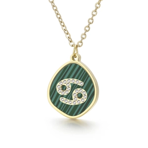 Gold malachite waterdrop necklace with Cancer zodiac sign and sparkling crystals