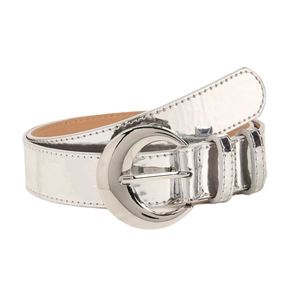 Minimalist mirror silver leather belt for women featuring a sleek crescent metal buckle