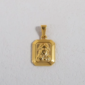 Detailed view of rectangular 24K gold plated pendant with embossed queen portrait detail