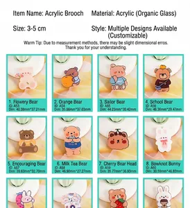 Detailed size specifications for cute acrylic bear pins with various animal designs
