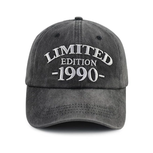 Close-up of white Limited Edition 1990 3D embroidery on washed cotton baseball cap