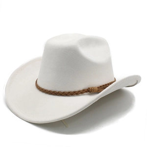 Detail of white felt cowboy hat featuring a brown braided leather band and side tassel