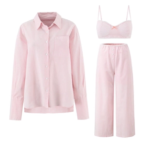 Damen Baumwolle Gestreift Loungewear Hemd Camisole Shorts Und Hose Schlafanzug Spitze Schleife Lässig Komfort