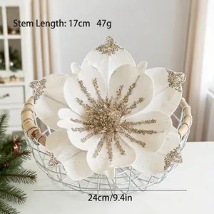 Artificial white Christmas magnolia flower with silver glitter details and 17cm long stem
